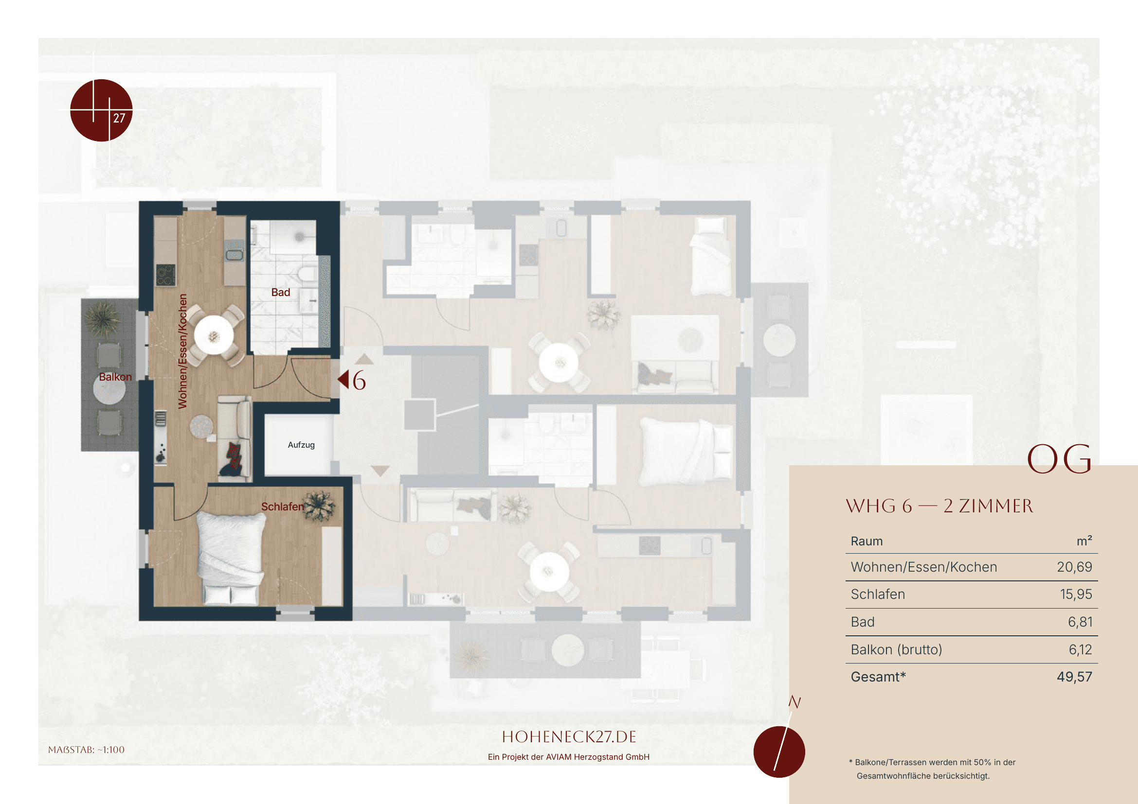 Grundriss Wohnung 6 — Obergeschoss, 2 Zimmer