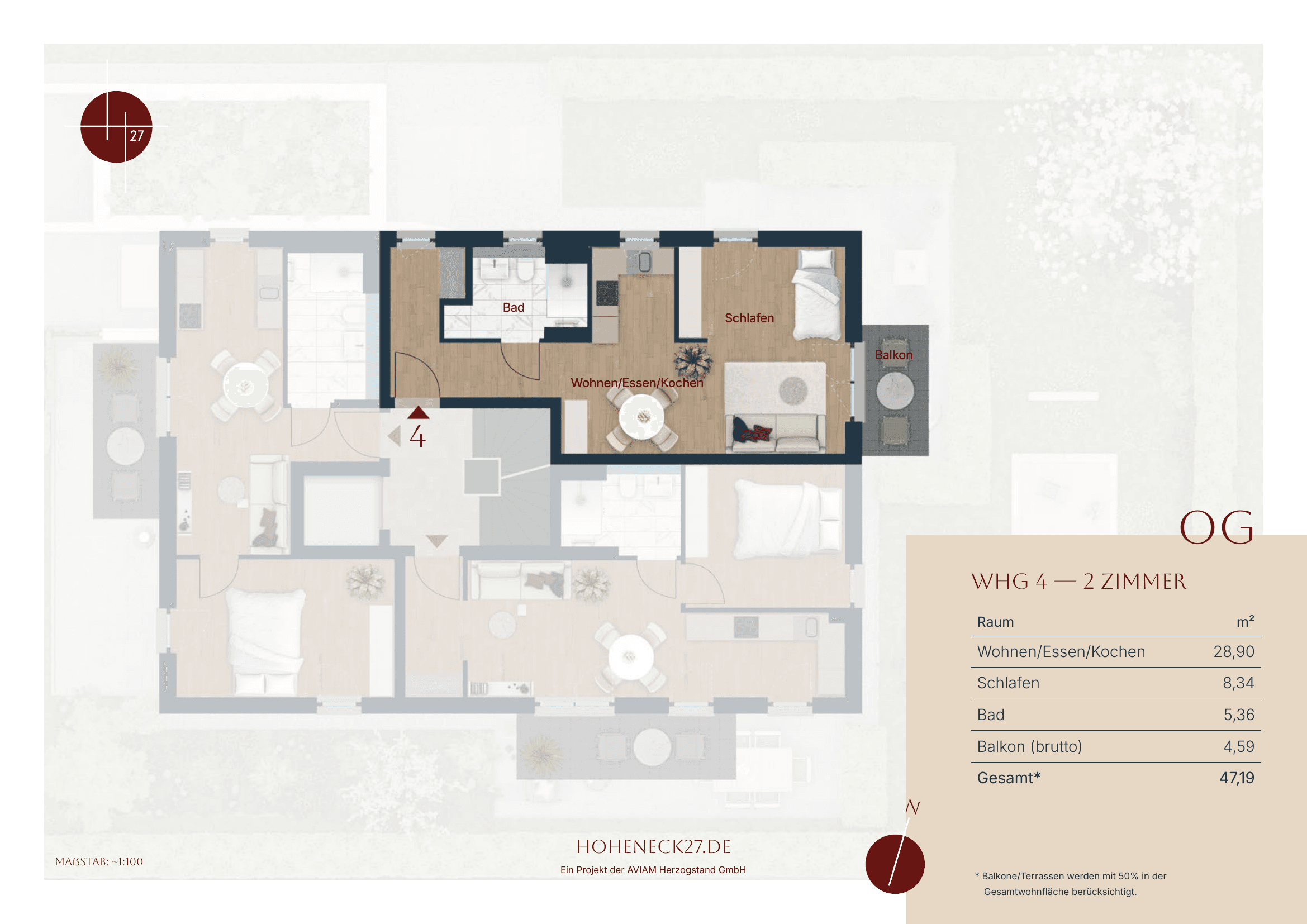 Grundriss Wohnung 4 — Obergeschoss, 2 Zimmer