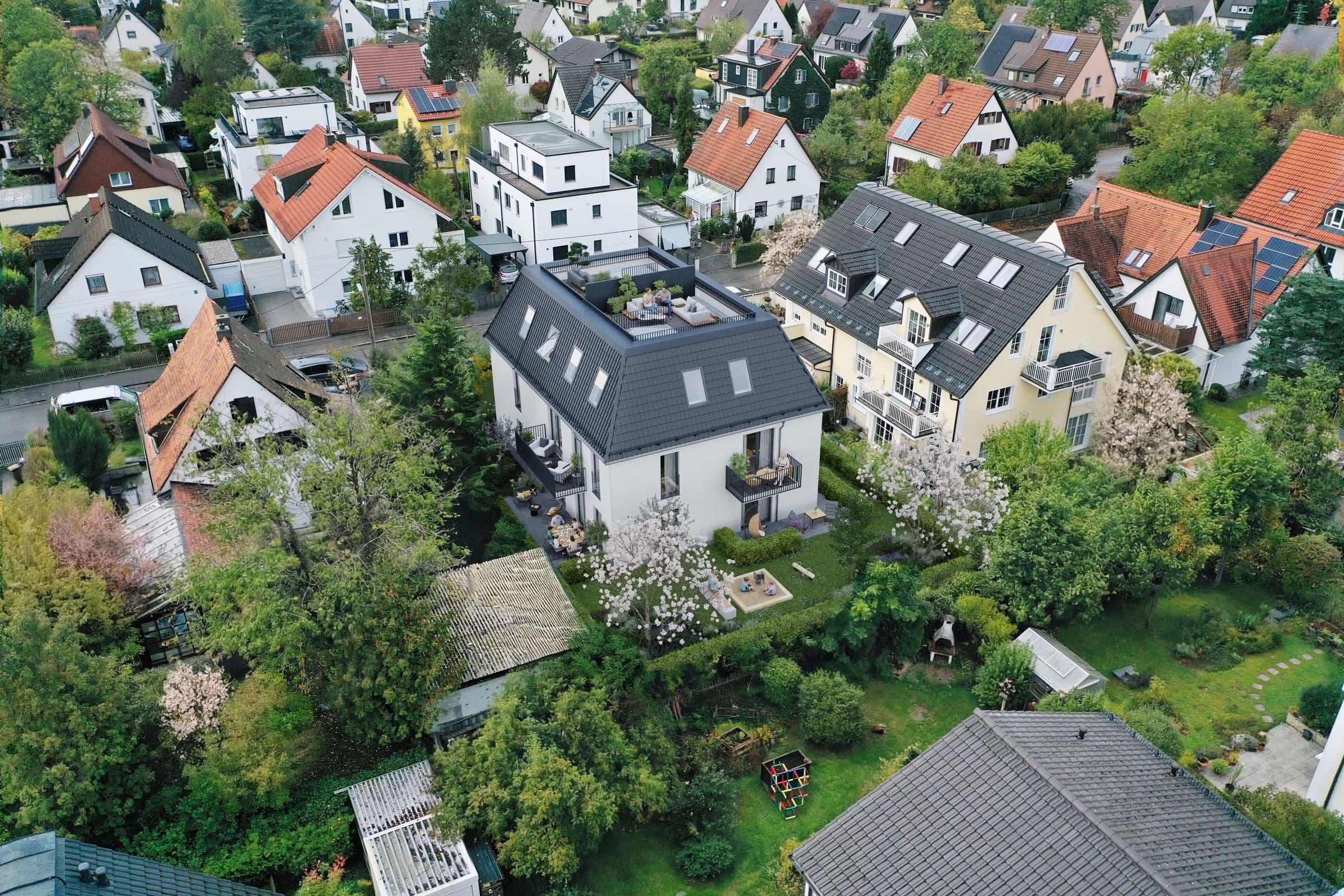 Luftbild Aubing — Hoheneckstraße 27 im gewachsenen Stadtteil