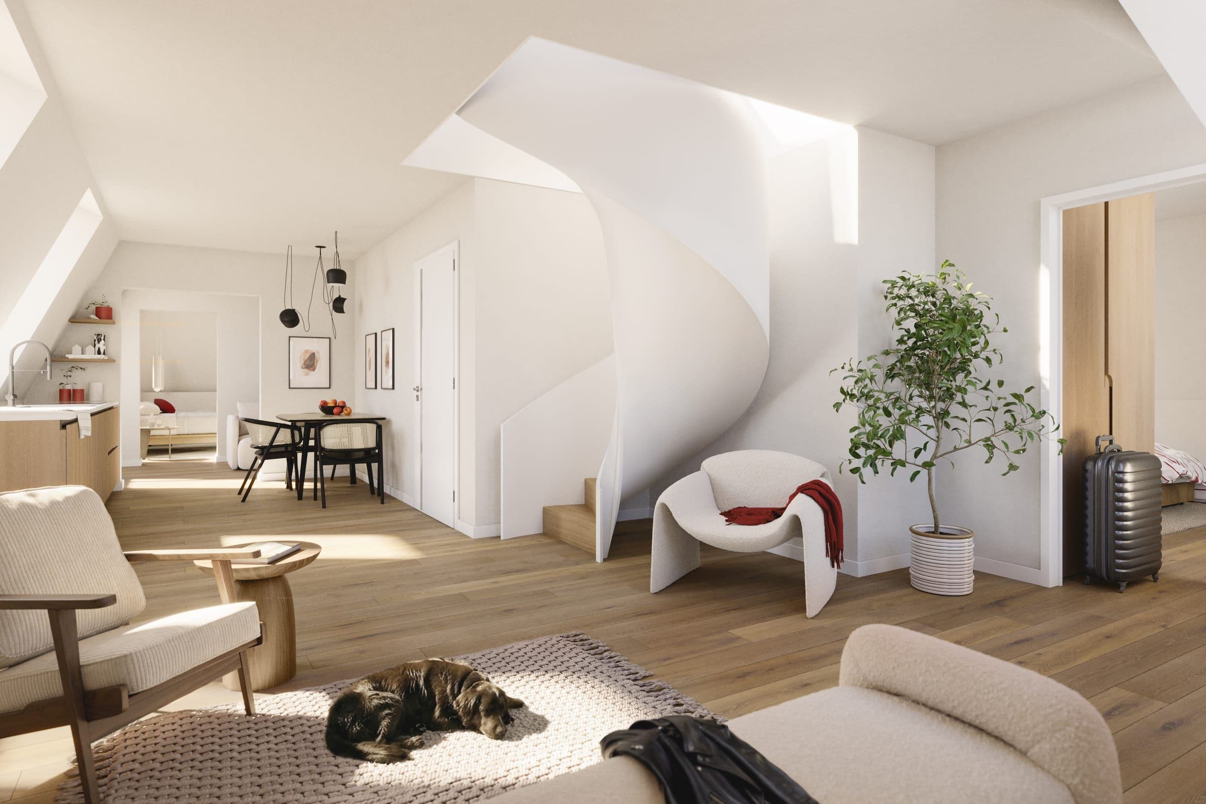 Innenraum mit skulpturaler Wendeltreppe